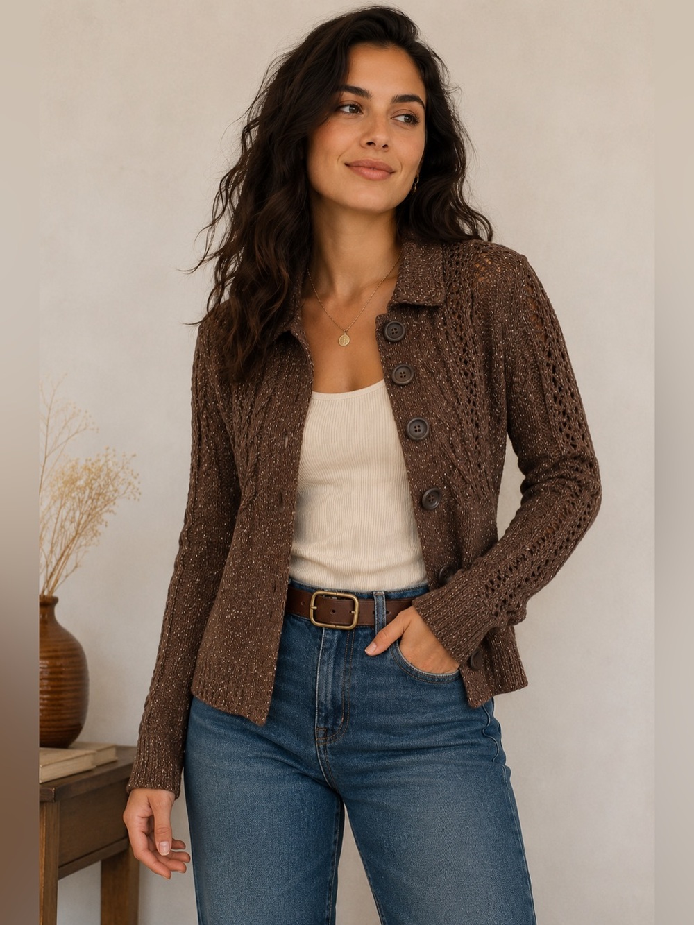 Brown Cable Knit Cardigan Openwork Tweed Button Sweater Cottagecore Boho